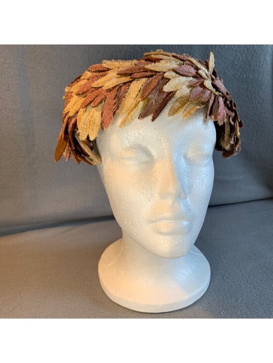 Vintage Velvet Trim Women’s Hat Size 22 Yellow & Rust Tones Leaf Design Retro St main image 5